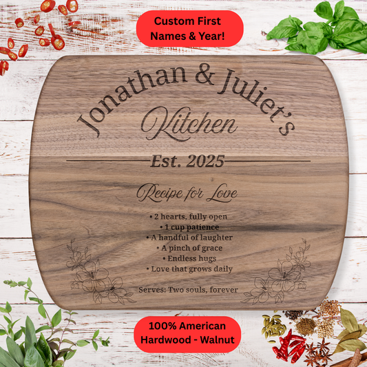 Personalized Couples Cutting Board. Recipe for Love. Custom Names and Year. Walnut or Maple. Wedding or Anniversary Gift. Valentines Day Gift