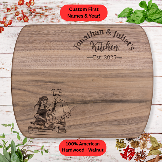 Personalized Couple’s Kitchen Cutting Board. Custom Names and Year.