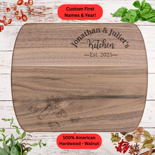 Personalized Couples Cutting Board. Custom Names and Year. Walnut or Maple. Wedding, Anniversary, Housewarming or Valentine's Day Gift