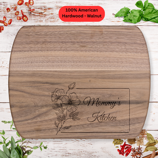 Mom's Engraved Cutting Board with Flower Design. Mother’s Day Gift for Mom. Wooden Kitchen Décor. Maple or Walnut
