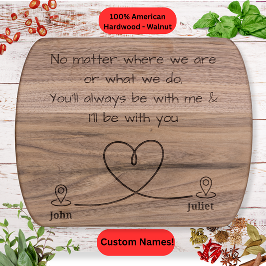 Personalized Long Distance Cutting Board. Custom Names Gift. Long Distance Couple, Family or Best Friend Gift
