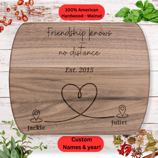 Personalized Long Distance Friendship Cutting Board. Custom Names & Year. Long Distance Friend Gift. Maple or Walnut