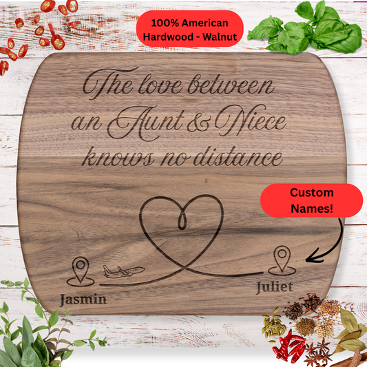 Aunt & Niece Long Distance Gift Cutting Board. Personalized Names Keepsake. Maple and Walnut