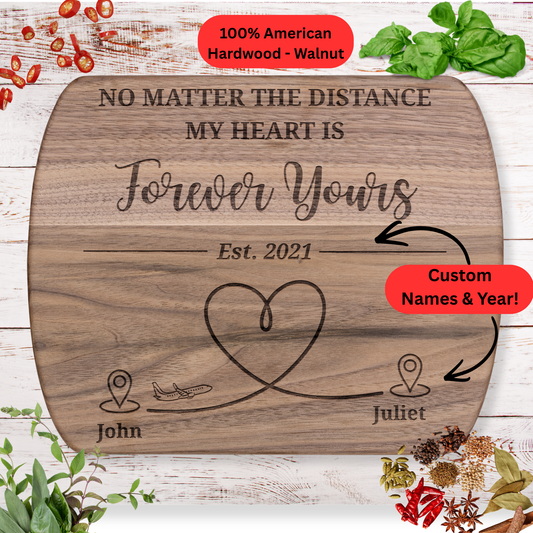 Long Distance Personalized Cutting Board. Custom Names and Year. Romantic Gift for Far Away Loved One. Maple or Walnut