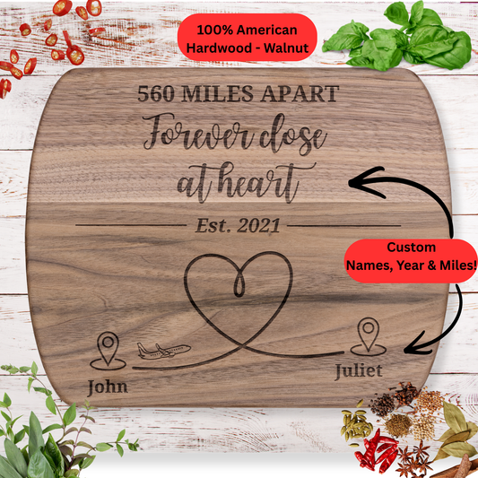 Long Distance Personalized Cutting Board. Custom Names, Year and Distance – Heart Map Gift for Loved Ones Far Away. Maple or Walnut
