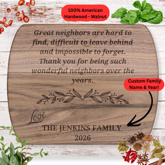 Personalized Neighbor Moving Away Gift Cutting Board. Custom Family Name and Year. Farewell Friendship Keepsake.