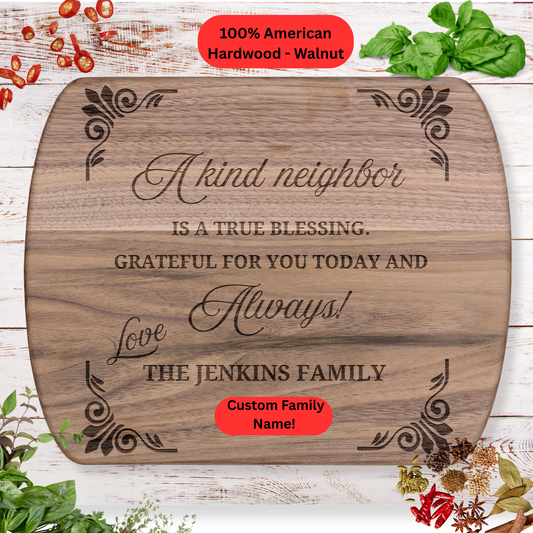 Personalized Neighbor Cutting Board Gift. Custom Family Name Engraved Board. Thoughtful Thank You and Housewarming Gift for Neighbors
