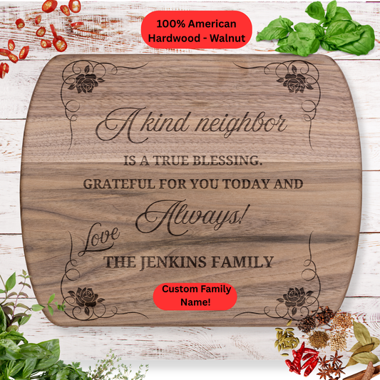 Personalized Neighbor Cutting Board Gift. Custom Family Name Engraved Board. Thoughtful Thank You and Housewarming Gift for Neighbors