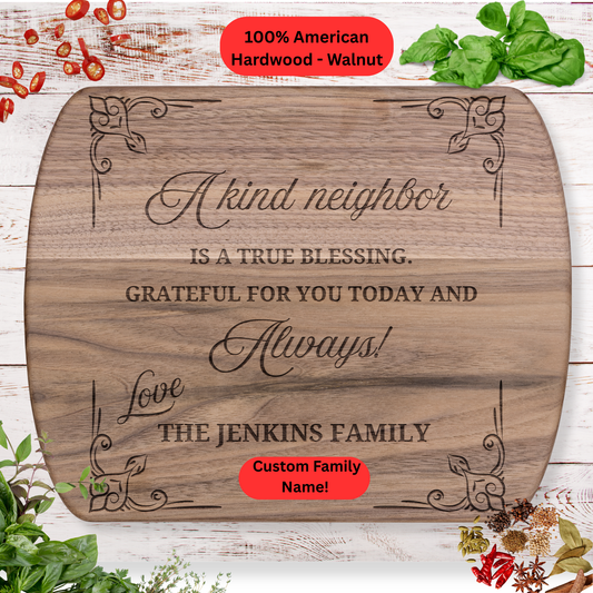 Personalized Neighbor Cutting Board Gift. Custom Family Name Engraved Board. Thoughtful Thank You and Housewarming Gift for Neighbors