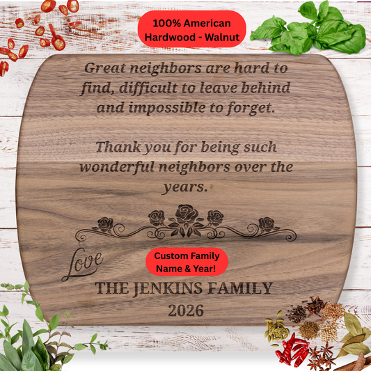Personalized Neighbor Cutting Board Gift. Custom Family Name and Year. Thank You Neighbor Gift. Walnut or Maple Board