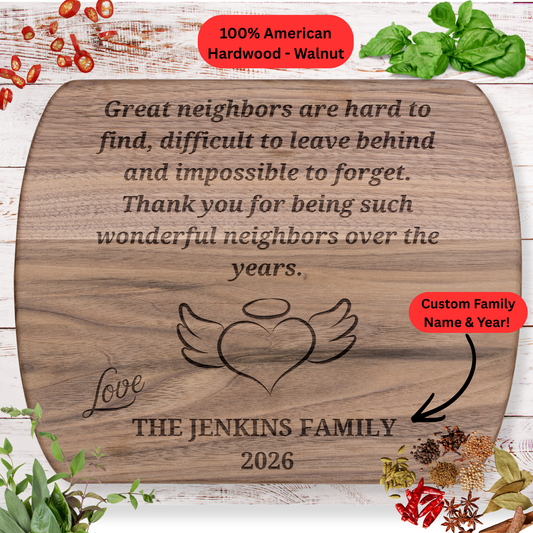 Personalized Neighbor Cutting Board Gift. Engraved Wood Board. Custom Family Name and Year