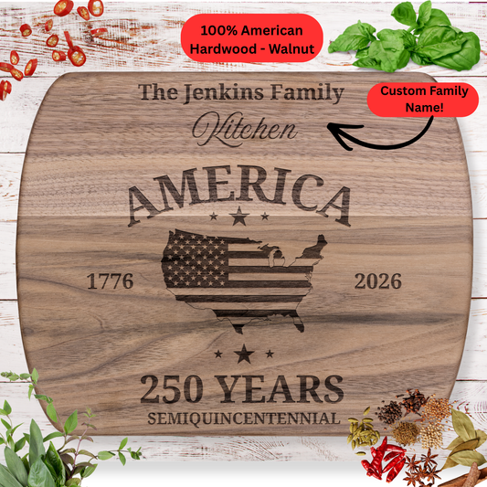 America 250 Years Semiquincentennial Personalized Cutting Board. Custom Family Name Gift. Patriotic Kitchen Decor