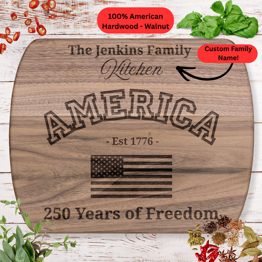America 1776–2026 Personalized Cutting Board. Custom Family Name Gift. Patriotic USA Anniversary Keepsake