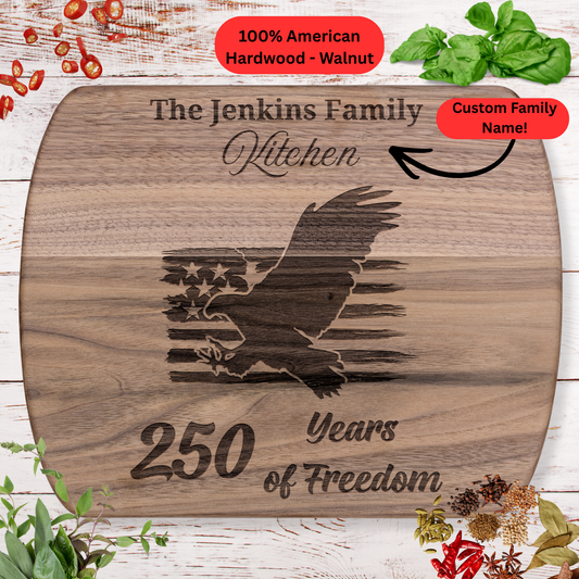 250 Years of Freedom Personalized Cutting Board. Custom Family Name Gift. Patriotic USA Anniversary Keepsake