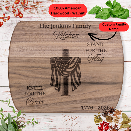 Christian Personalized Cutting Board. 1776–2026 Christian Patriotic Gift. Custom Family Name Keepsake. American Flag Cross Decor