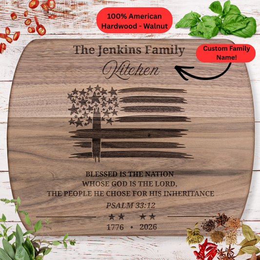 Personalized Christian Cutting Board. Bible Verse Gift. 1776 - 2026 American Flag Cross Patriotic Kitchen Decor. Family Name