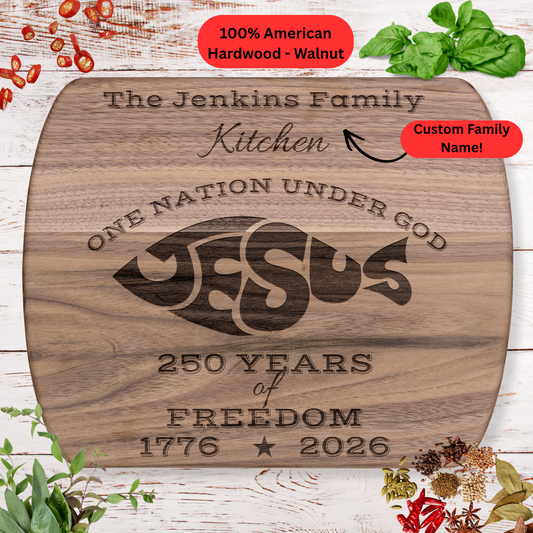 250 Years of Freedom. 1776 – 2026. Personalized Family Name Cutting Board. Christian family Gift. USA 250th Anniversary Keepsake