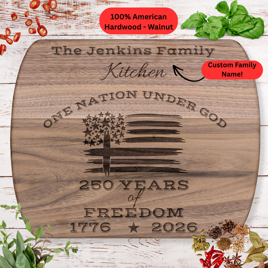 250 Years of Freedom. 1776–2026. Personalized Family Name Cutting Board. American Flag and Cross Christian Gift. USA 250th Anniversary Keepsake