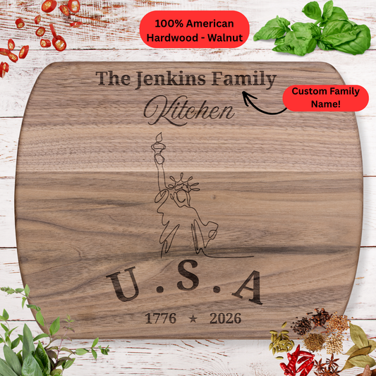 Personalized Family Name Cutting Board. Statue of Liberty Outline Patriotic Gift. America 250th Anniversary Keepsake