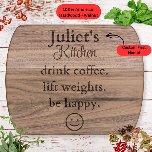 Personalized Name Cutting Board. Fitness Lover Gift. Coffee and Gym Kitchen Keepsake