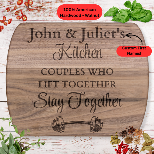 Personalized Couple Names Cutting Board. Fitness Couple Gift. Barbell Gym Kitchen Keepsake