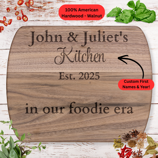 Personalized Names and Year Cutting Board. Custom Couple Gift. Food Lover Kitchen Keepsake