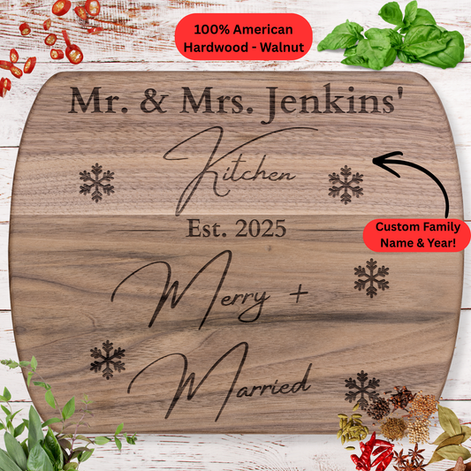 Personalized Christmas Cutting Board. Custom Mr. & Mrs. Family Name and Wedding Year. Newlywed Christmas Gift. Snowflake Design
