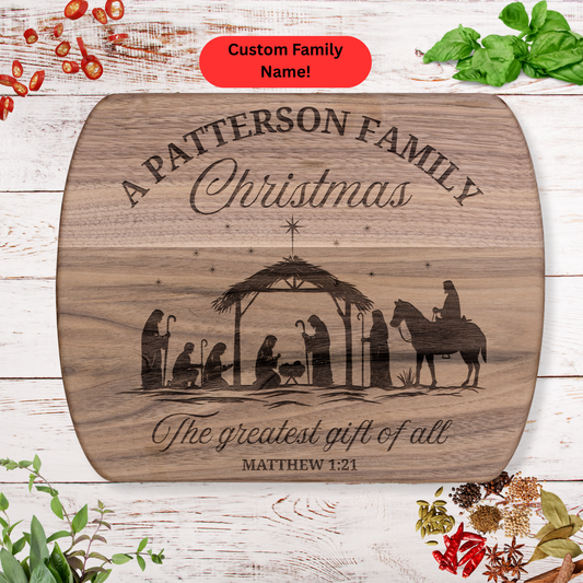 Custom Family Christmas Cutting Board with Nativity and Bible Verse. Christian Family Gift