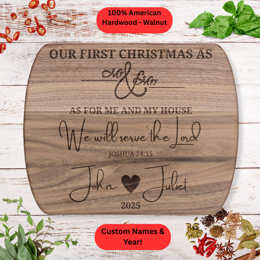 Personalized Christmas Cutting Board. Bible verse. Custom Names and Year. Walnut or Maple. Christian Wedding or Christmas Gift