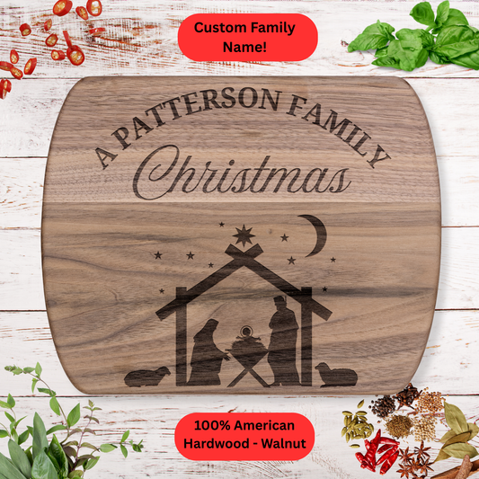 Personalized Christmas Nativity Cutting Board. Custom Family Name. Walnut or Maple