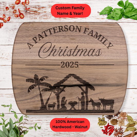 Personalized Family Christmas Cutting Board. Custom Family Name and Year. Walnut or Maple