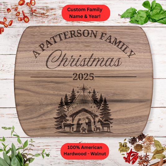 Personalized Family Christmas 2025 Cutting Board. Custom Family Name and Year. Walnut or Maple