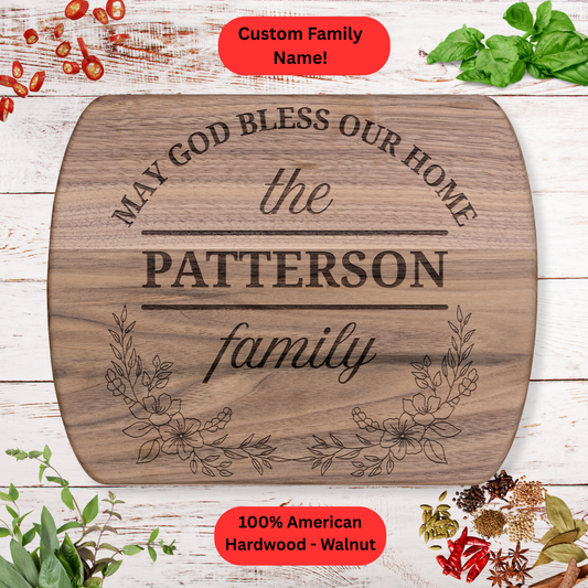 Personalized May God Bless Our Home Cutting Board. Custom Family Name. Christian Family Gift