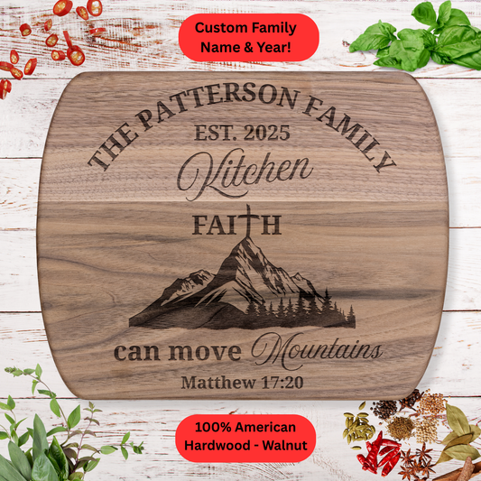 Personalized Faith Cutting Board. Custom Family Kitchen Gift. Walnut or Maple.