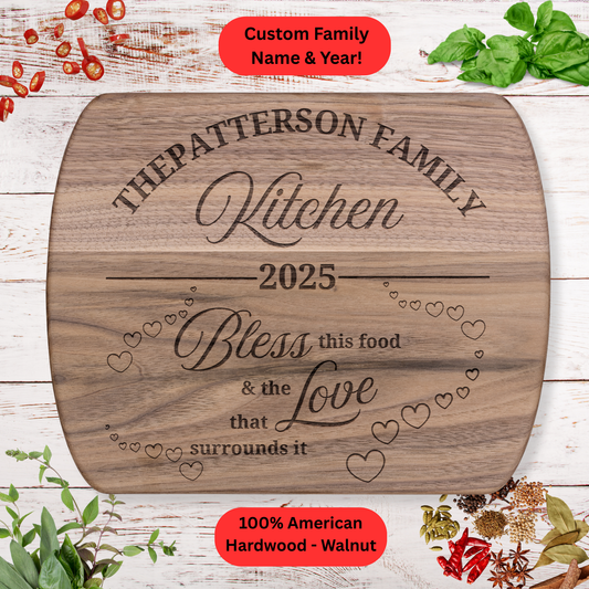 Personalized Kitchen Blessing Cutting Board. Custom Family Name and Year. Walnut or Maple. Meaningful Home Gift