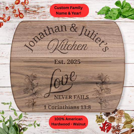 Personalized Christian Cutting Board Gift. Custom Family Name and Year. Walnut or Maple. Valentines Day Gift. Wedding Gift. Anniversary Gift