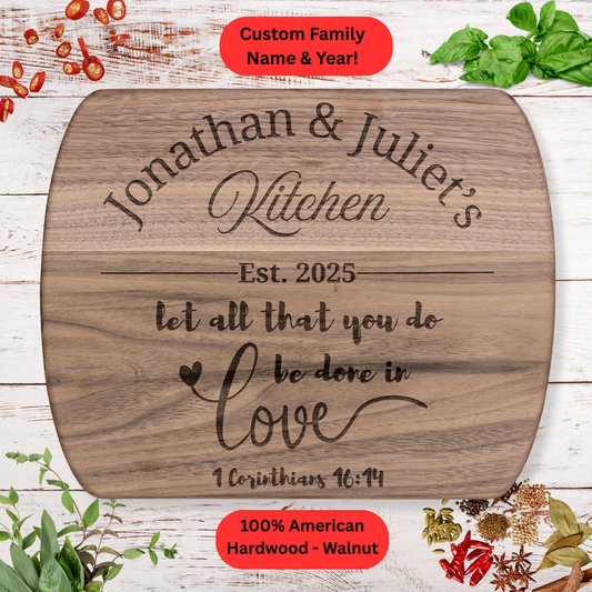 Personalized Christian Cutting Board Gift. Custom Family Name and Year. Walnut or Maple. Valentines Day. Wedding Gift. Anniversary Gift