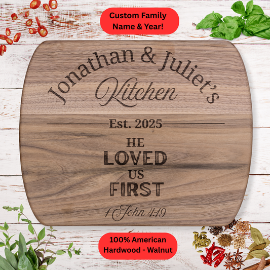 Personalized Christian Cutting Board Gift. Custom Family Name and Year. Walnut or Maple. Valentines Day Gift. Wedding Gift. Anniversary Gift