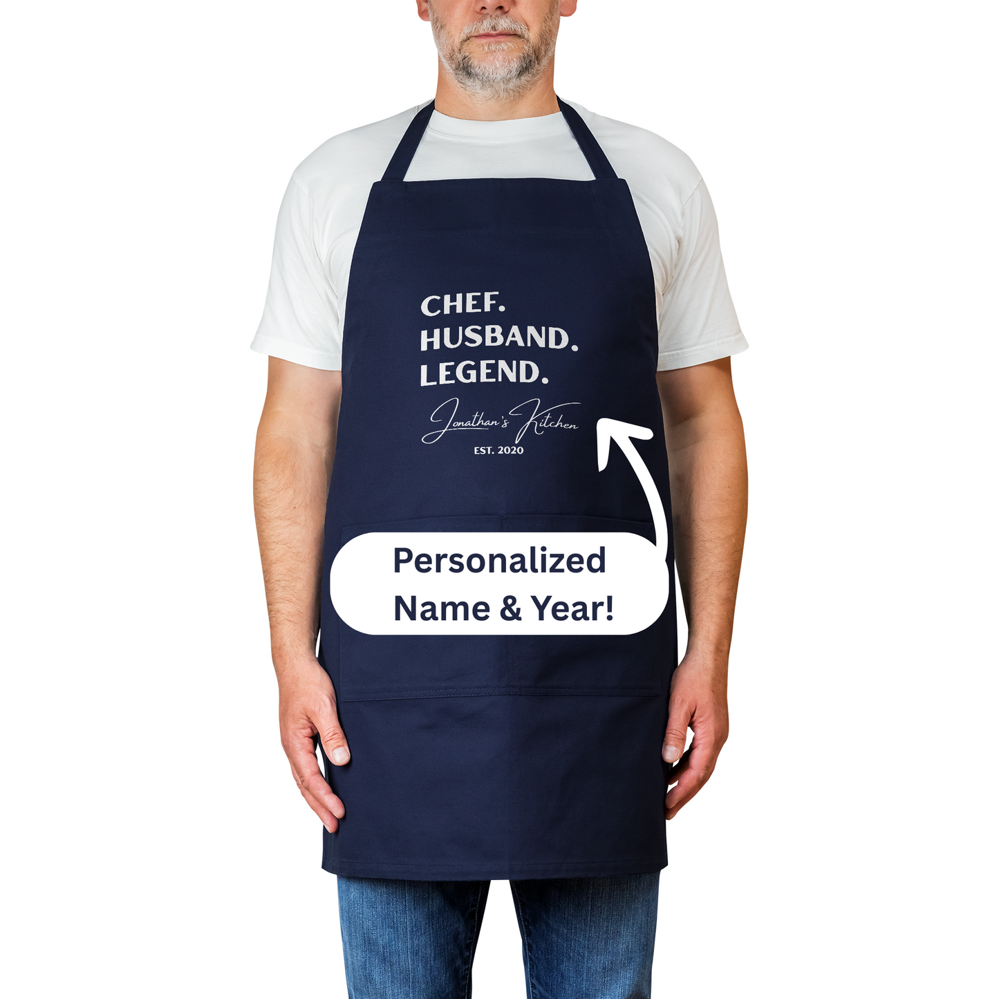 Personalized Apron for Husband. CHEF. HUSBAND. LEGEND. Custom Name and Year. Gift for Him, Kitchen Boss, or Grill Master.