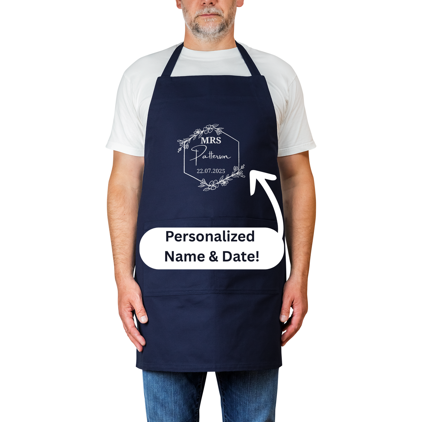 Personalized Apron. Custom Name and Date Gift with Floral Border. Wedding Gift.