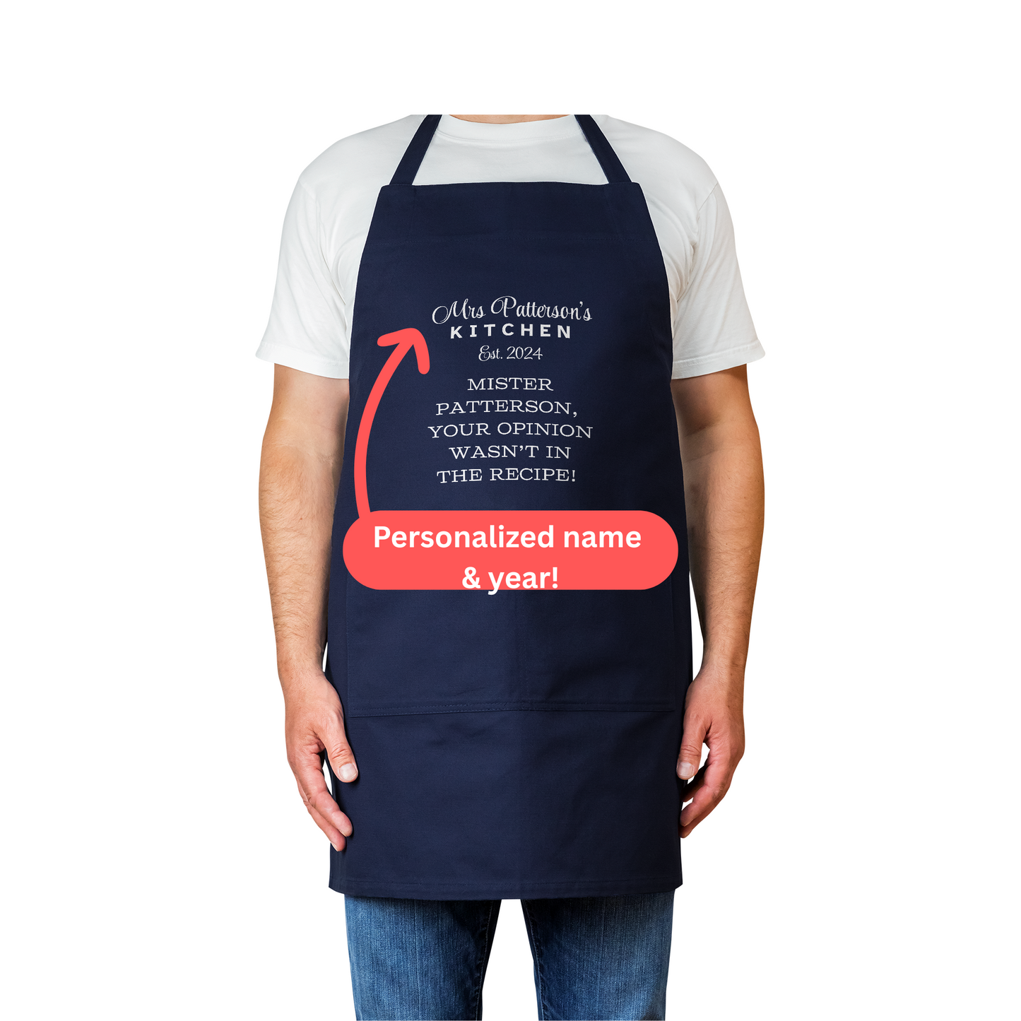 Personalized Couples Apron Set. Mrs. Patterson’s Kitchen and Your Opinion Wasnt in the Recipe. Custom Names and Year. Anniversary Gift v2
