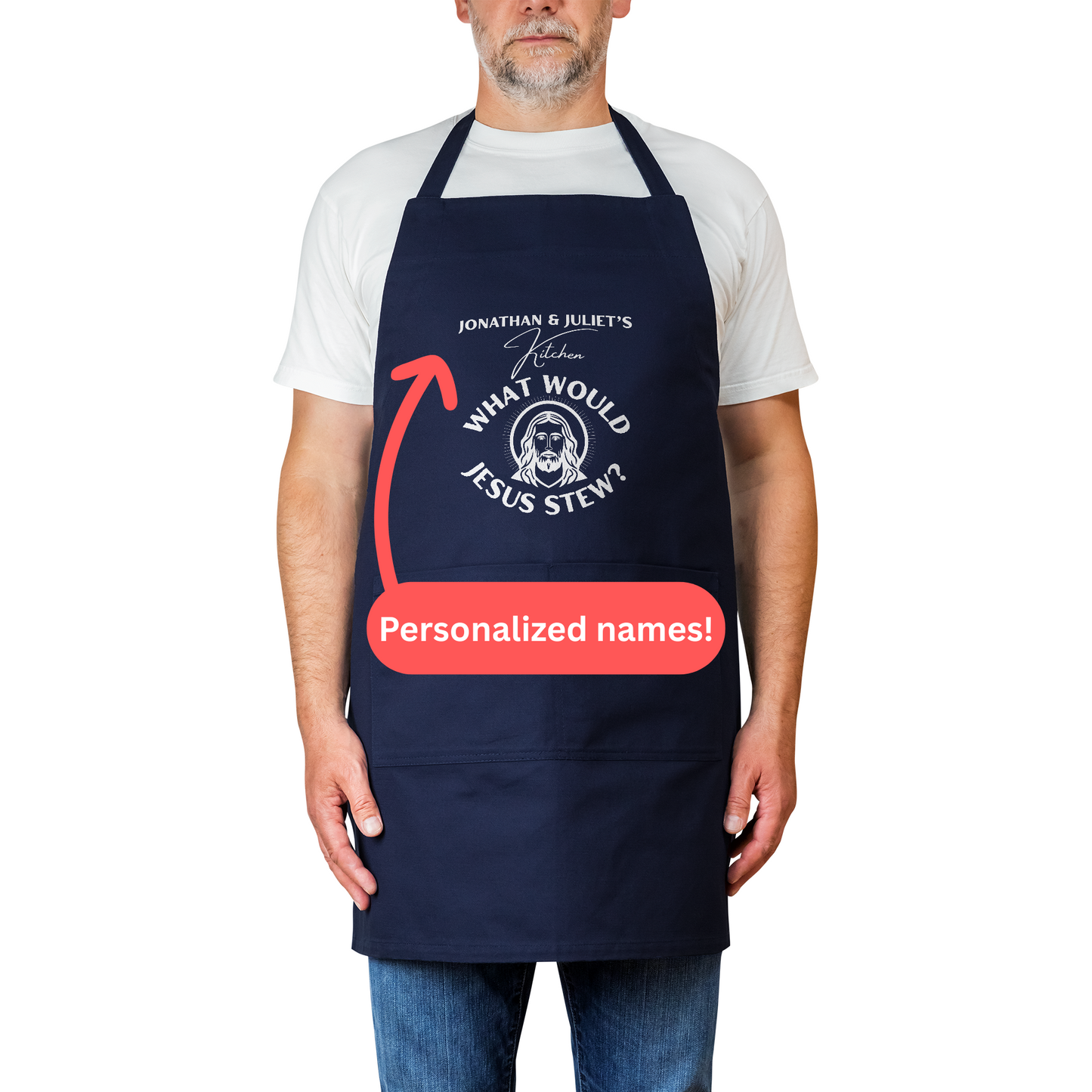 Personalized What Would Jesus Stew? Apron. Custom Couple’s Kitchen Gift with Names and Jesus Illustration. Anniversary Gift. V2