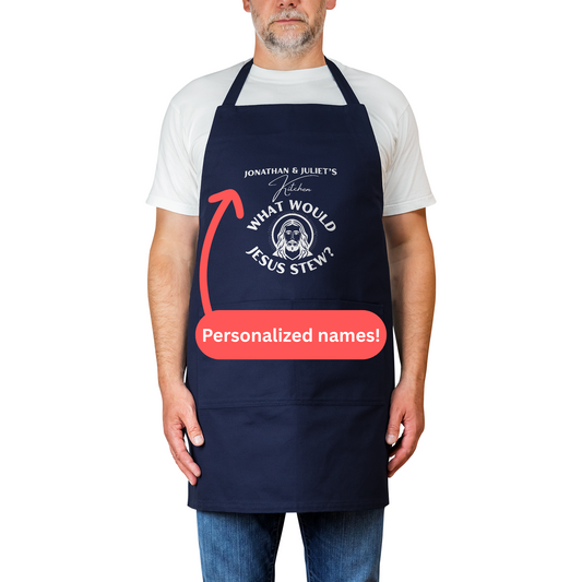 Personalized What Would Jesus Stew? Apron. Custom Couple’s Kitchen Gift with Names and Jesus Illustration. Anniversary Gift. V2