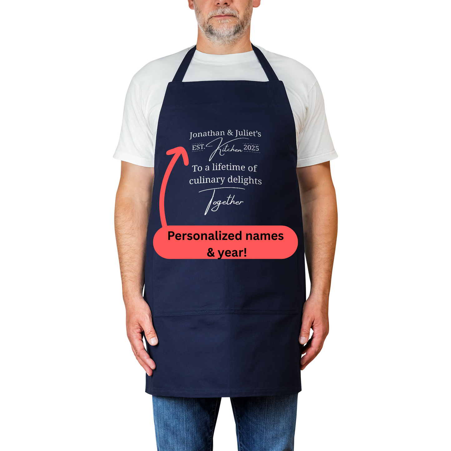 Personalized Couple’s Apron. Jonathan & Juliets Kitchen Est. 2025. Custom Name and Year with Sweet Culinary Message V2