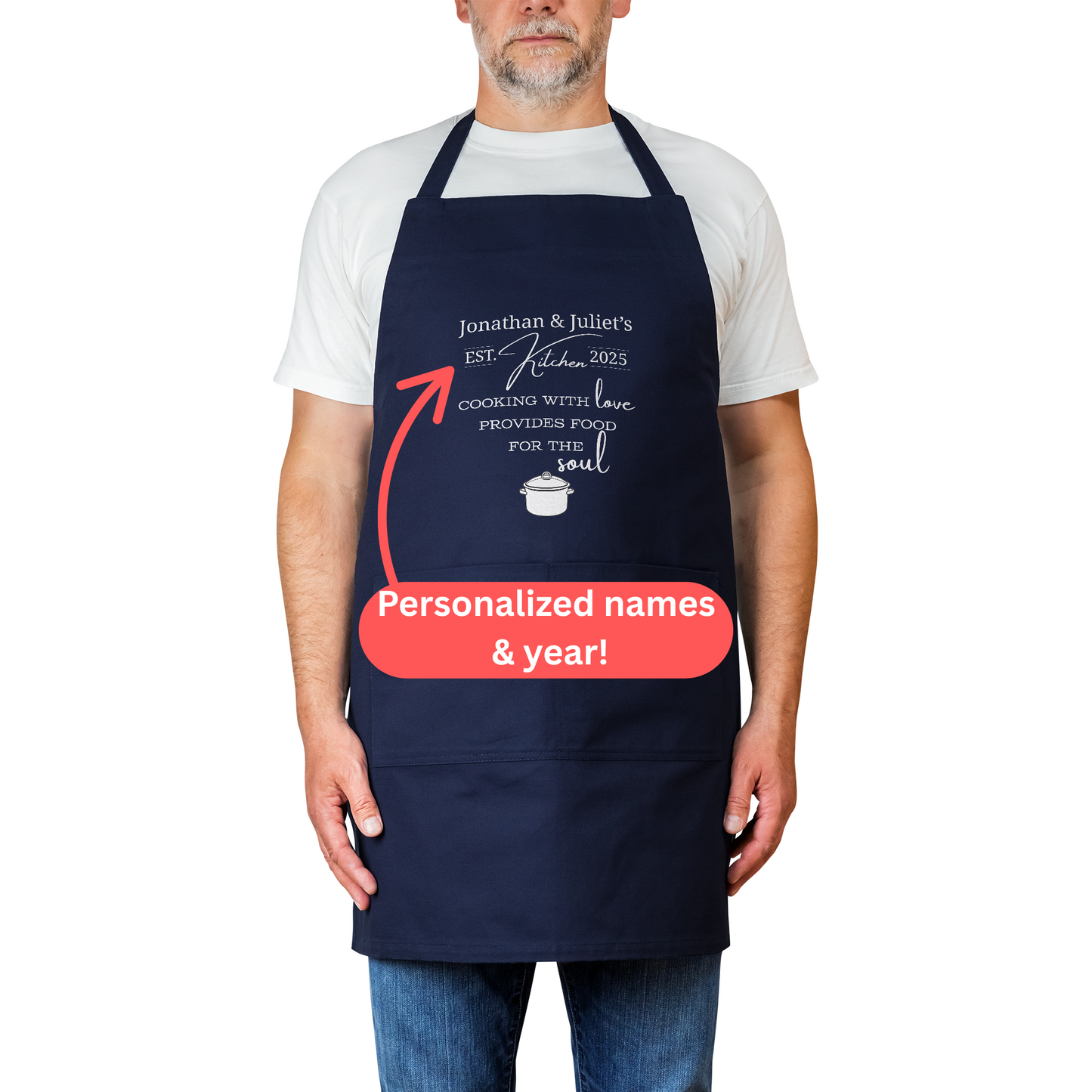 Personalized Couple’s Apron. Cooking with Love Provides Food for the Soul. Custom Names and Year. Wedding Gift. Anniversary Gift.