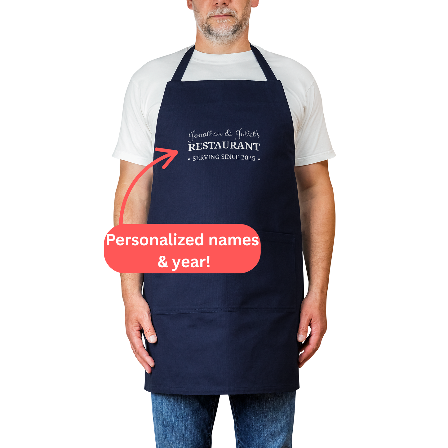 Personalized Couple’s Apron. Jonathan & Juliet’s Restaurant. Serving Since 2025.  Custom Names and Year. Wedding Gift. Anniversary Gift.