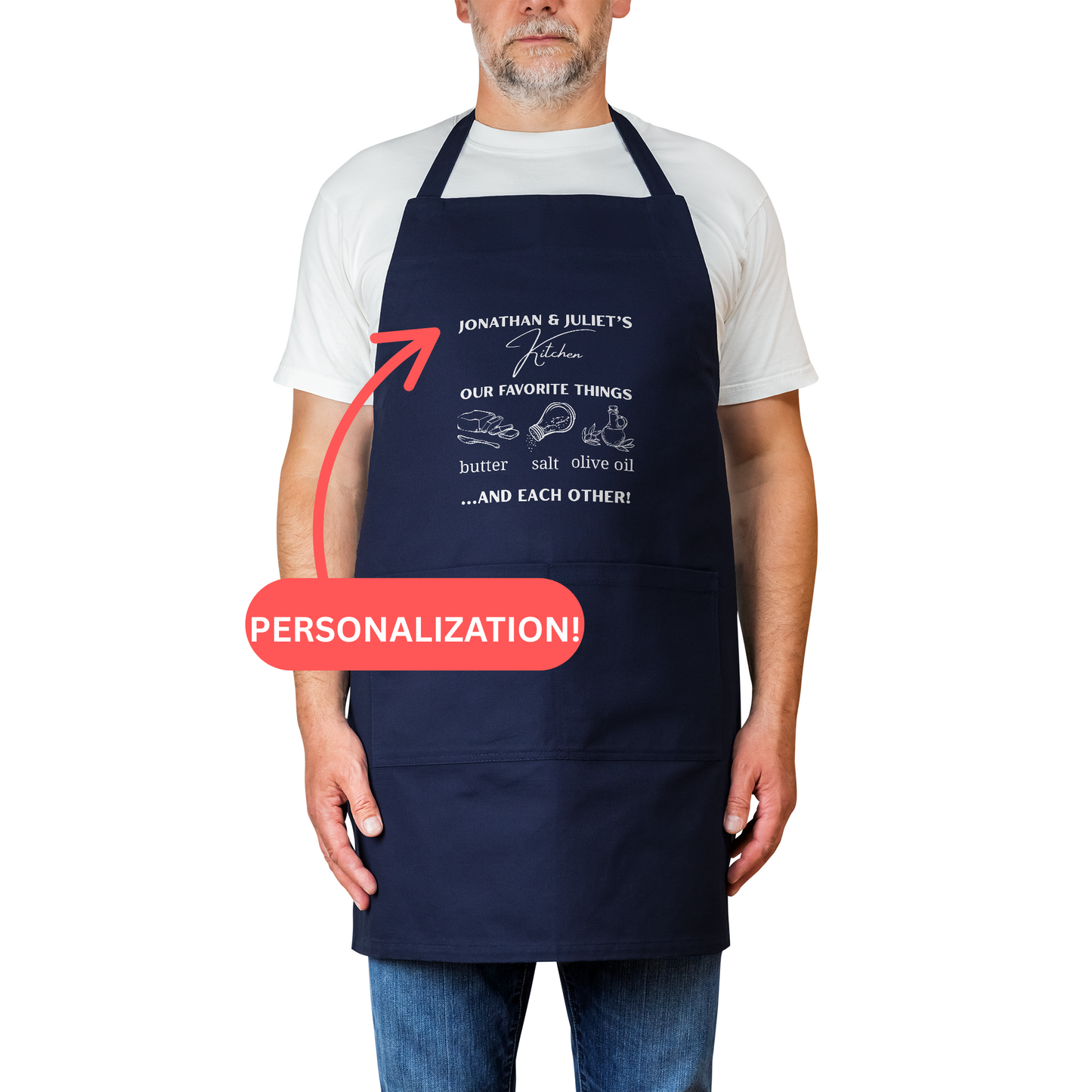 Personalized Couples Apron. Our Favorite Things with Butter, Salt, Olive Oil & Love. Custom Names for the Perfect Kitchen Gift. Anniversary Gift. Wedding Gift