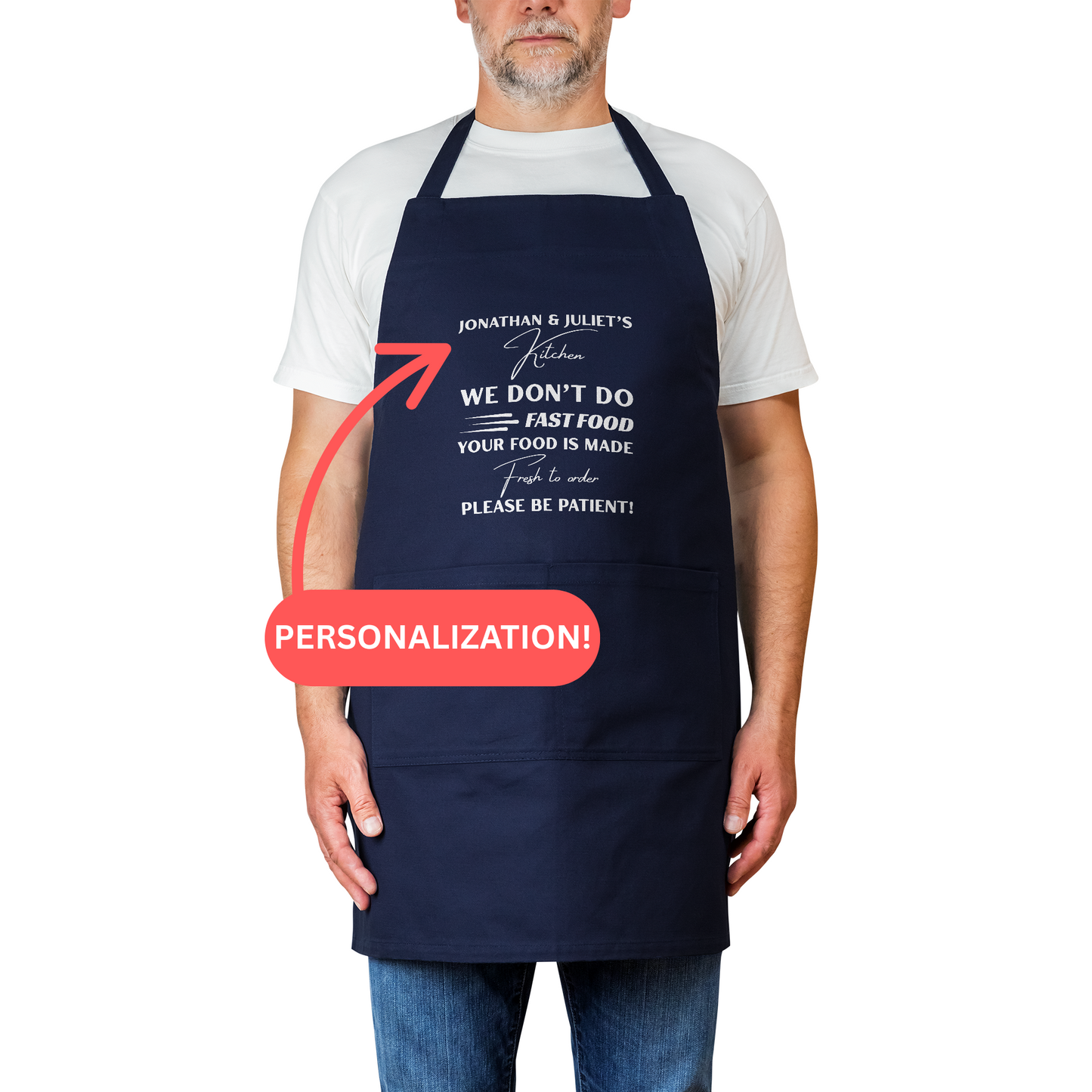 Personalized Couple’s Apron. We Don’t Do Fast Food. Your Meal is Made Fresh to Order. Please Be Patient. Custom Names. Anniversary Gift