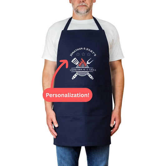 Personalized BBQ Apron. Smokehouse & Grill with Custom Names. Gift for Couples, Grill Masters and Foodies