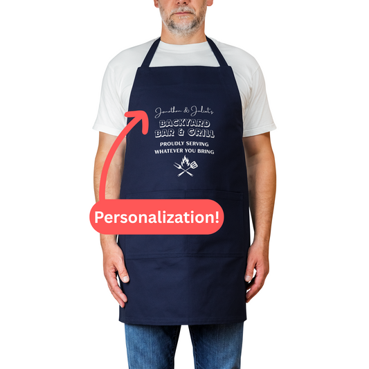 Personalized BBQ Apron. Backyard Bar & Grill with Custom Names. Funny Gift for Couples, Grill Masters & Outdoor Chefs. Anniversary Gift.
